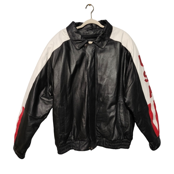 OSCAR PIEL Leather USA Flag Jacket Mens Large Black Red White Blue Stars Stripes - Picture 2 of 15